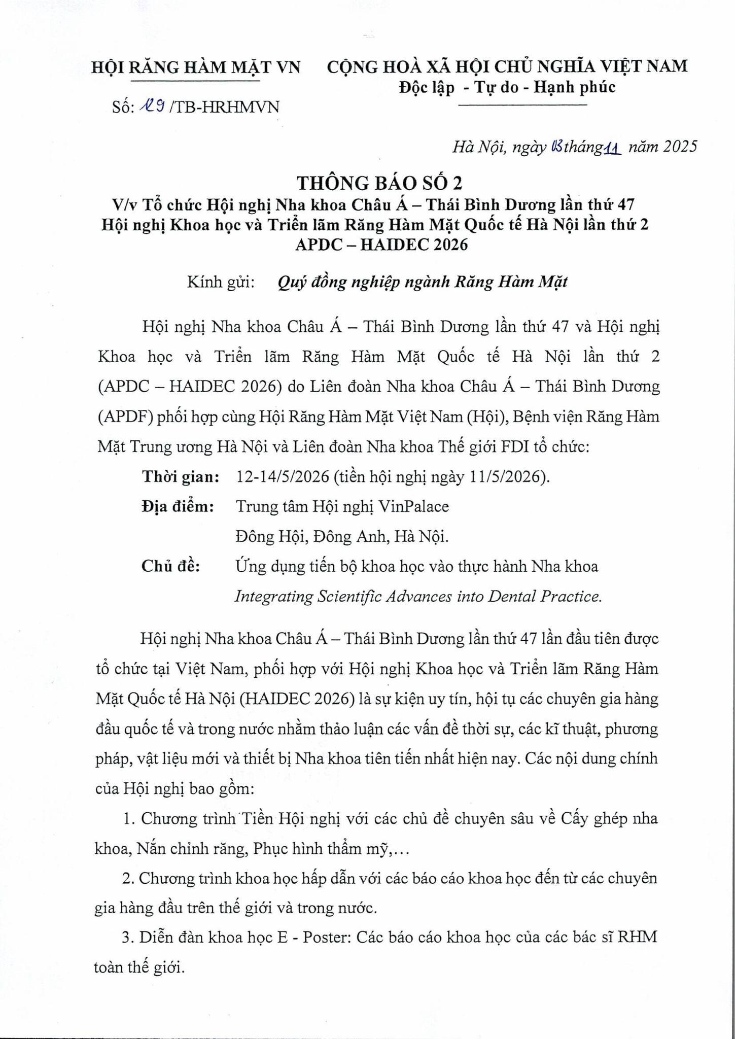 THÔNG BÁO SỐ 2: Tổ chức Hội nghị Nha khoa Châu Á – Thái Bình Dương lần thứ 47 (APDC)