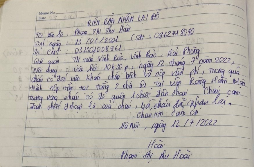 Biên bản nhận lại điện thoại của bạn Phạm Thị Thu Hoài