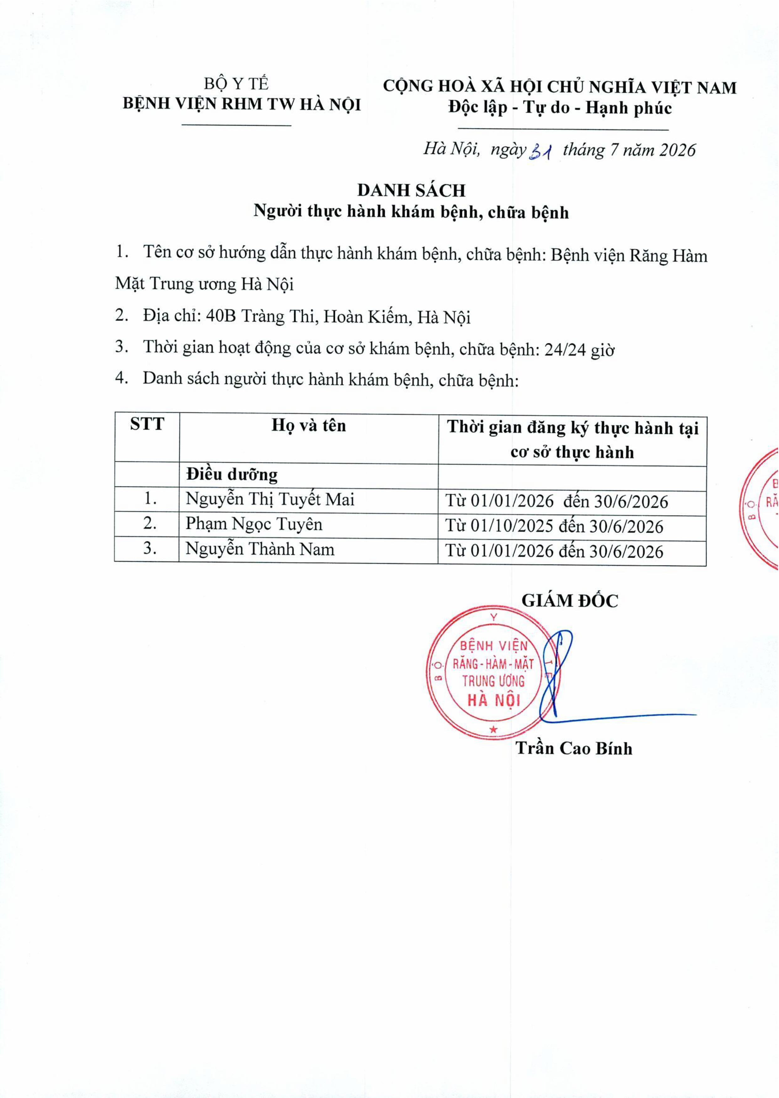 DANH SÁCH NGƯỜI THỰC HÀNH KHÁM CHỮA BỆNH THÁNG 6 NĂM 2026