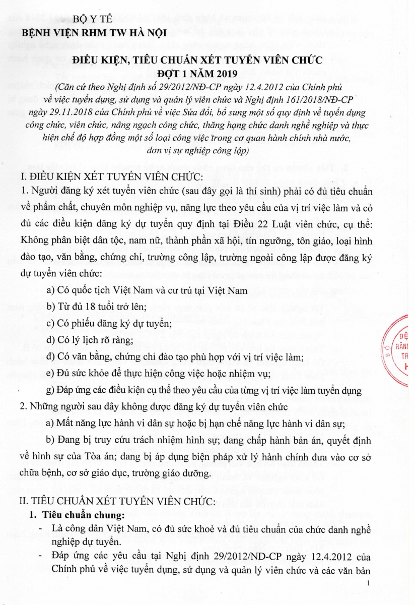 BỆNH VIỆN RĂNG HÀM MẶT TRUNG ƯƠNG XÉT TUYỂN VIÊN CHỨC ĐỢT 1 NĂM 2019