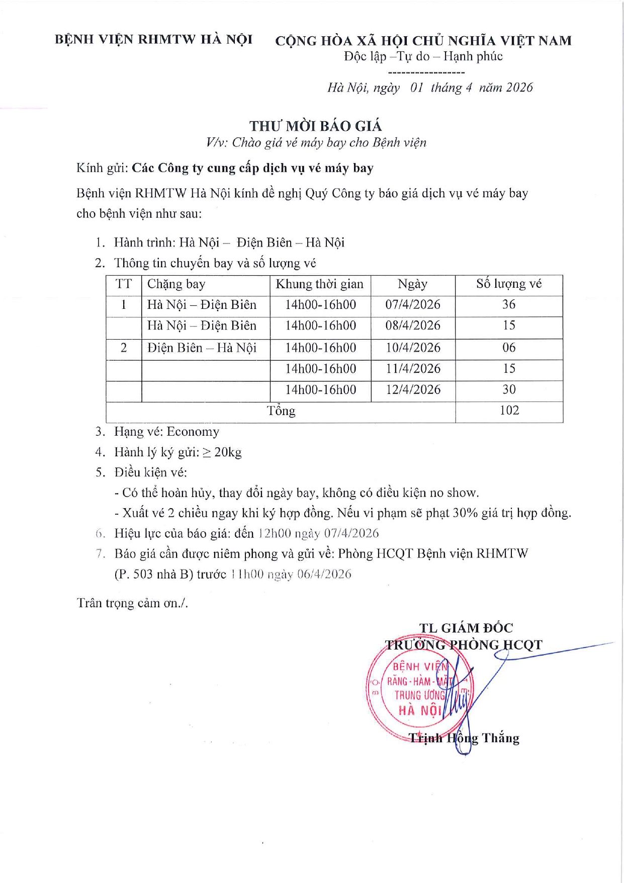 THƯ MỚI BÁO GIÁ DỊCH VỤ VÉ MÁY BAY CHO BỆNH VIỆN 