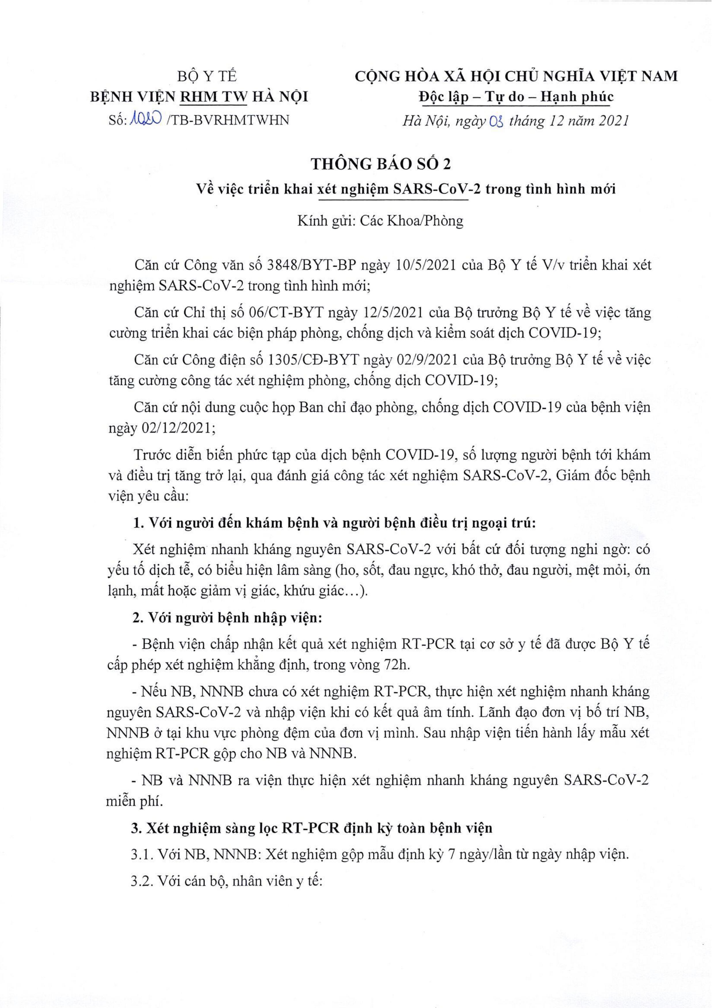 THÔNG BÁO VỀ VIỆC TRIỂN KHAI XÉT NGHIỆM SARS-COVID2 TRONG TÌNH HÌNH MỚI