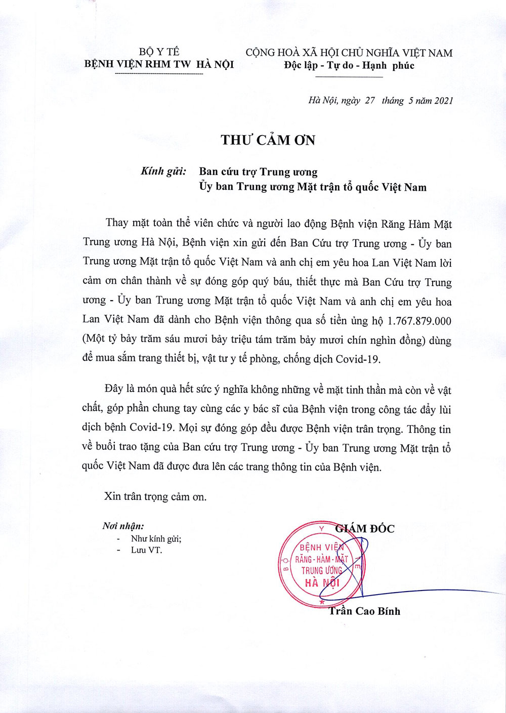 THƯ CẢM ƠN BAN CỨU TRỢ TRUNG ƯƠNG, UBTW TTTQ VIỆT NAM