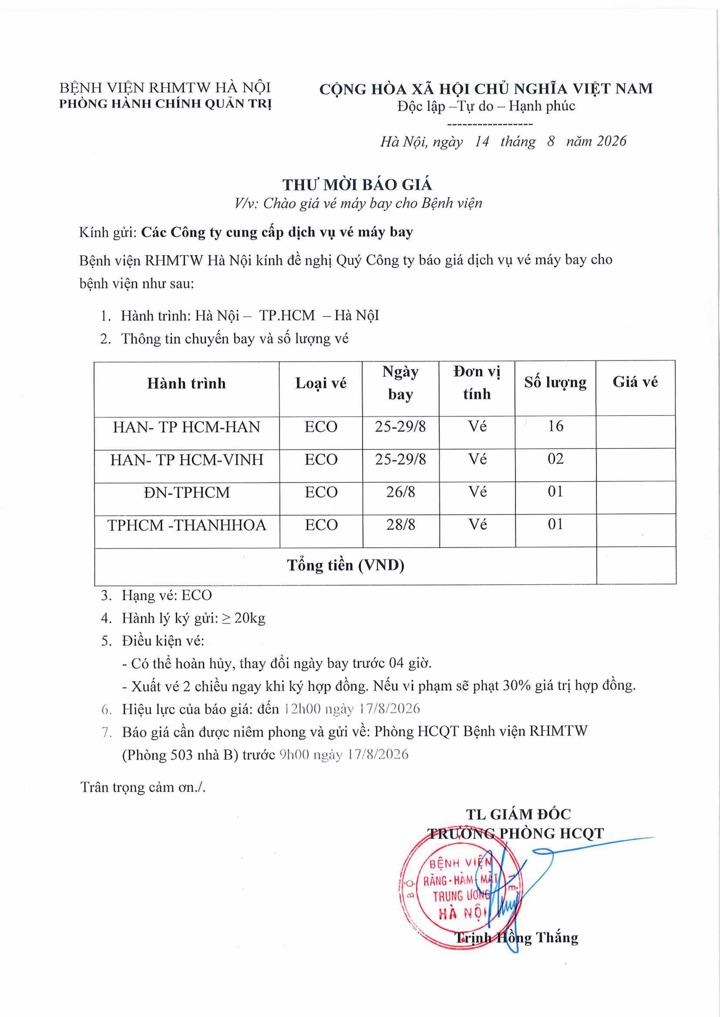 THƯ MỚI BÁO GIÁ VÉ MÁY BAY HÀ NỘI - TP.HCM- HÀ NỘI 