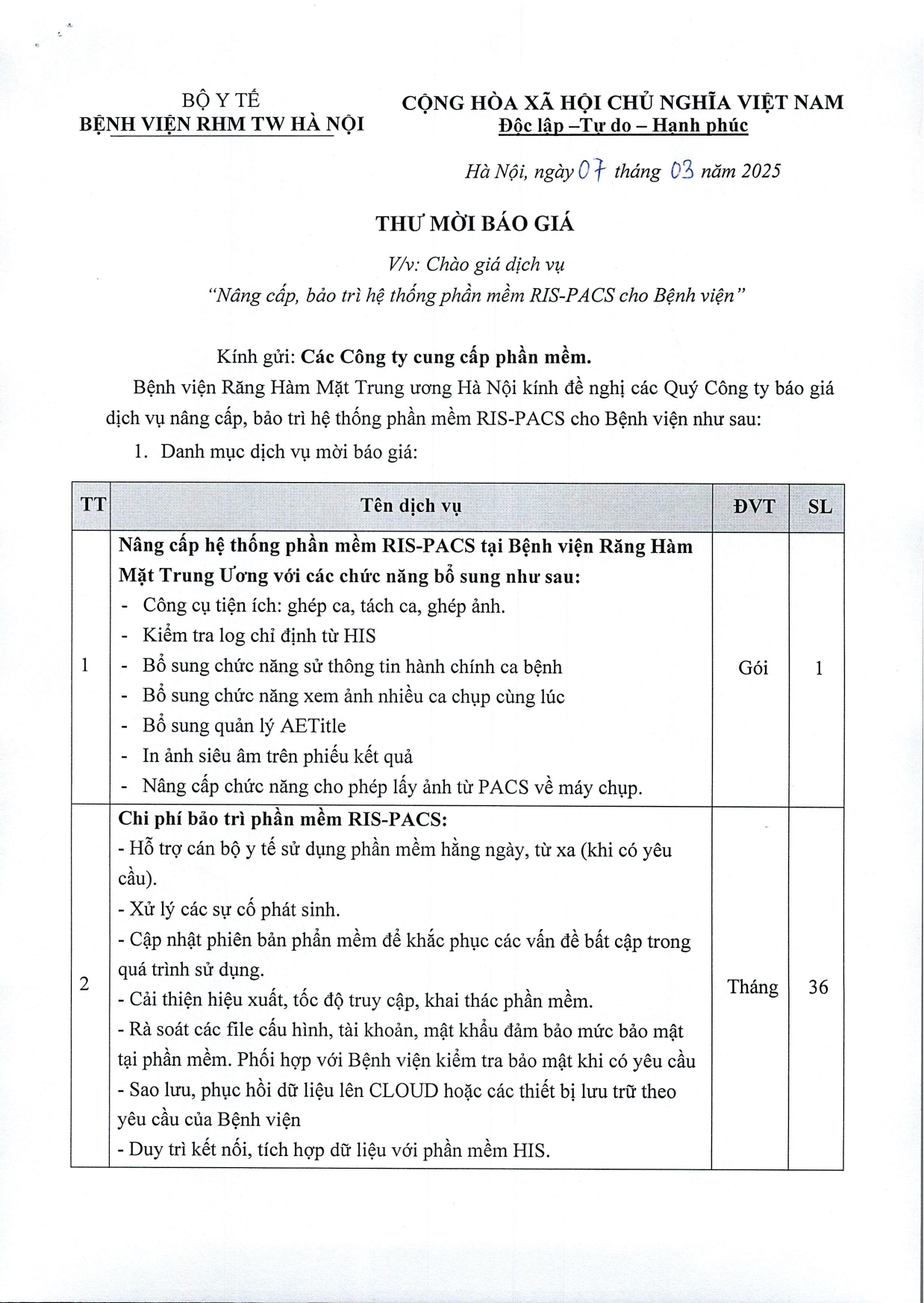 THƯ MỚI BÁO GIÁ NÂNG CẤP BẢO TRÌ HỆ THỐNG PHẦN MỀM RIS-PACS CHO BỆNH VIỆN