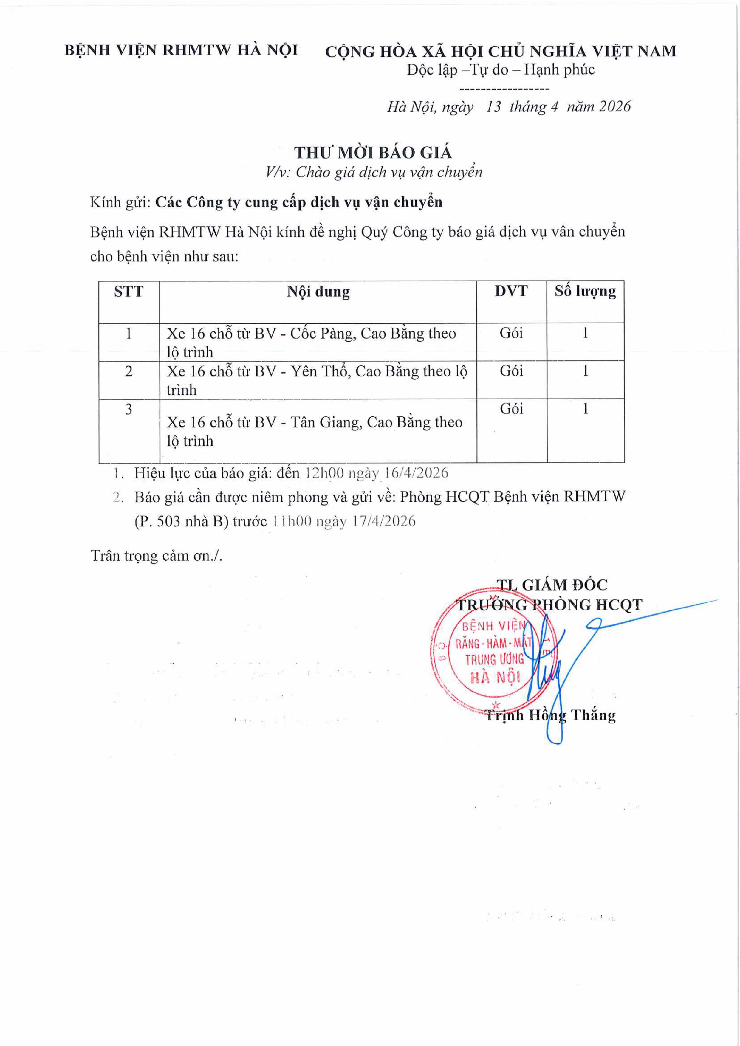 THƯ MỜI BÁO GIÁ DICH VỤ VẬN CHUYỂN TỪ BỆNH VIÊN ĐI CỐC PÀNG THEO LỘ TRÌNH 