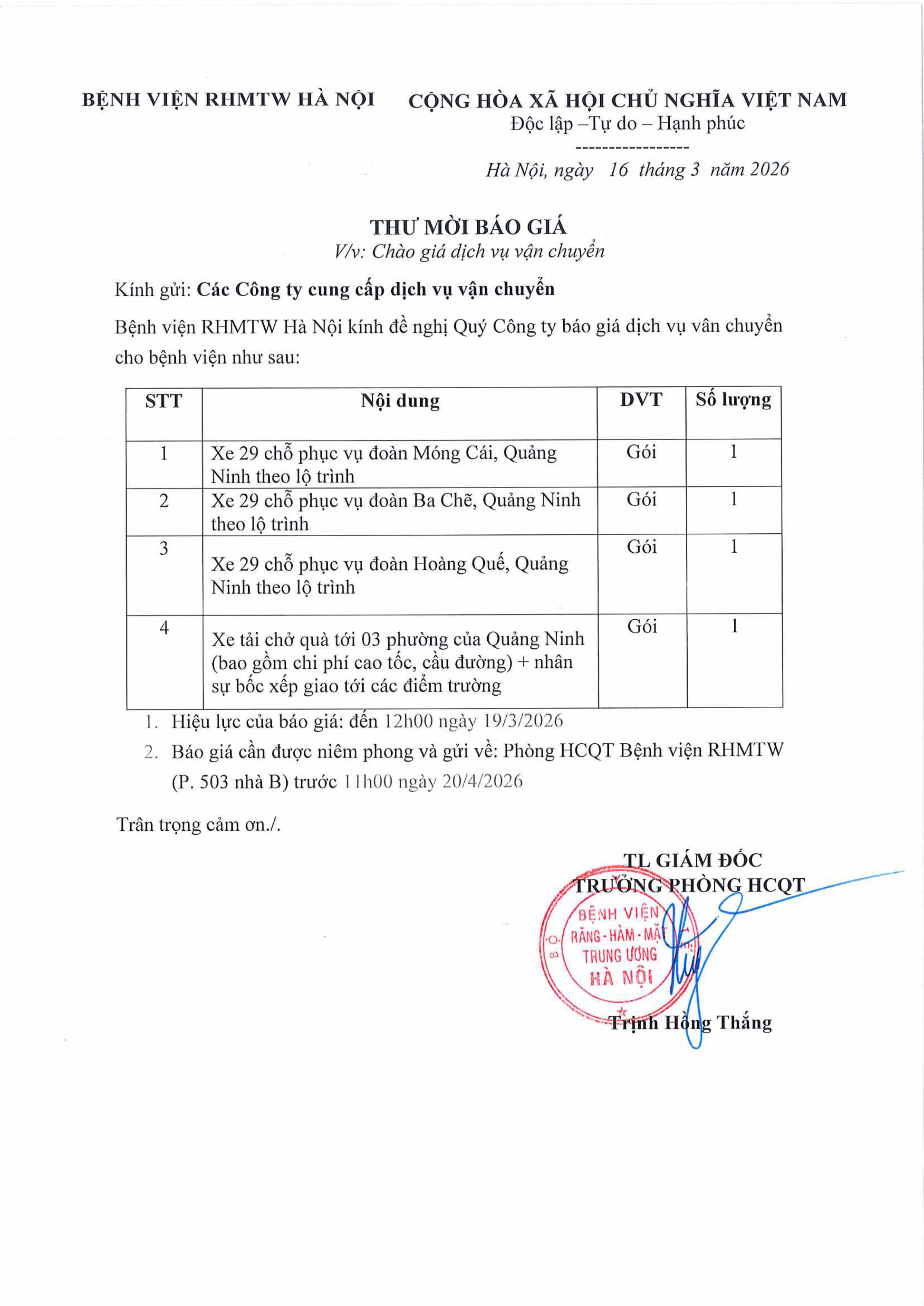 THƯ MỜI BÁO GIÁ DỊCH VỤ VẬN CHUYỂN TỪ BỆNH VIỆN ĐI MONG CÁI ,QUẢNG NINH 