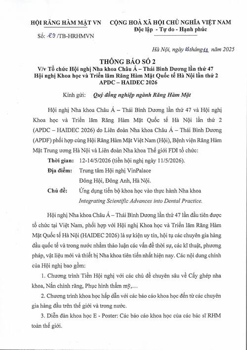 THÔNG BÁO SỐ 2: Tổ chức Hội nghị Nha khoa Châu Á – Thái Bình Dương lần thứ 47 (APDC)