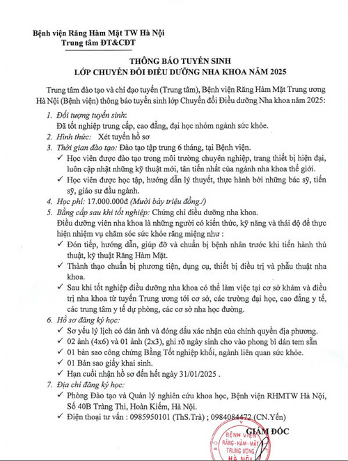 THÔNG BÁO TUYỂN SINH LỚP CHUYỂN ĐỔI ĐIỀU DƯỠNG NHA KHOA NĂM 2025
