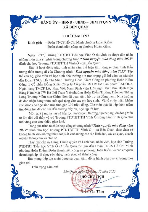 THƯ CẢM ƠN TỪ UBND XÃ BẾN QUAN, QUẢNG TRỊ 