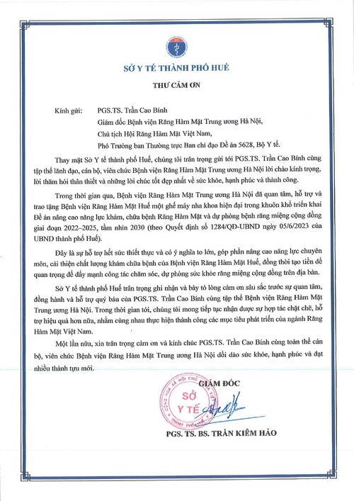  THƯ CẢM ƠN TỪ SỞ Y TẾ THÀNH PHỐ HUẾ 