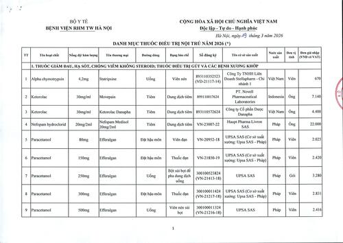 DANH MỤC HÀNG HÓA CUNG ỨNG TẠI NHÀ THUỐC BỆNH VIỆN RĂNG HÀM MẶT TRUNG ƯƠNG HÀ NỘI NĂM 2026